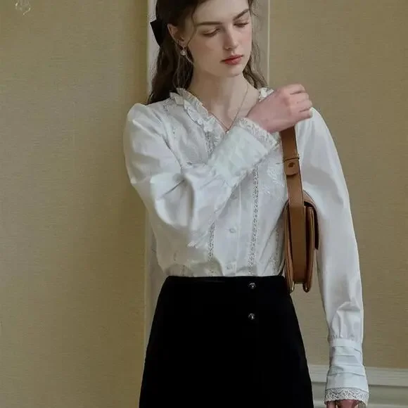 Simple Retro M Faith Lace Patchwork Embroidered Off White Cottagecore Blouse - Picture 4 of 13